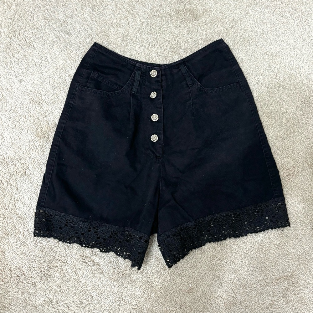 Vintage 90’s Shorts 24 High Rise Black Rose Button Fly Floral Lace Trim Cotton